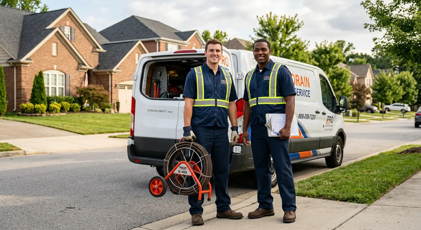 Sewer and drain service team with equipment ready for work in North St. Paul
