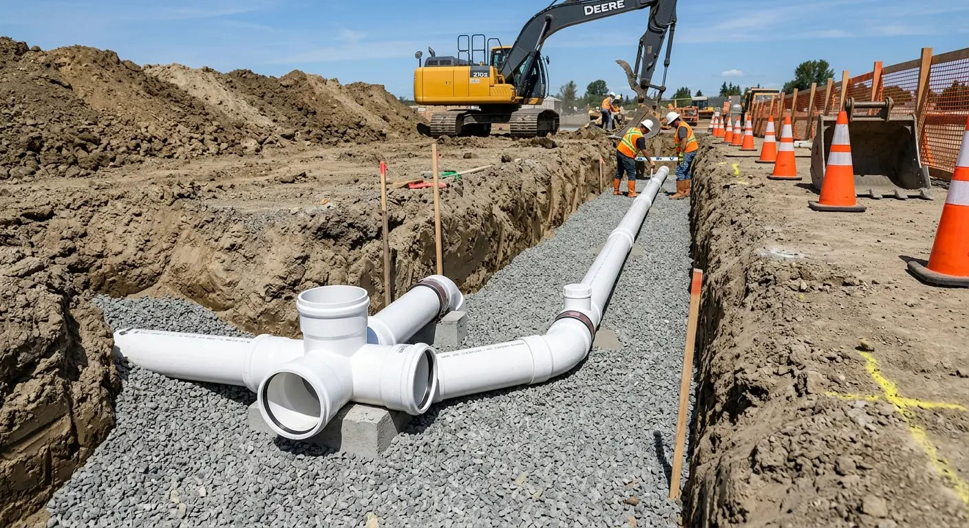 New PVC sewer pipe installation in open trench for Sewer Backup in North St. Paul
