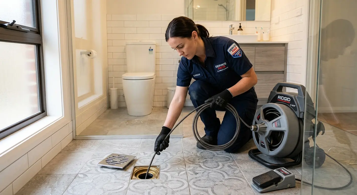 Technician clearing a bathroom floor drain for Sewer Line Replacement in North St. Paul